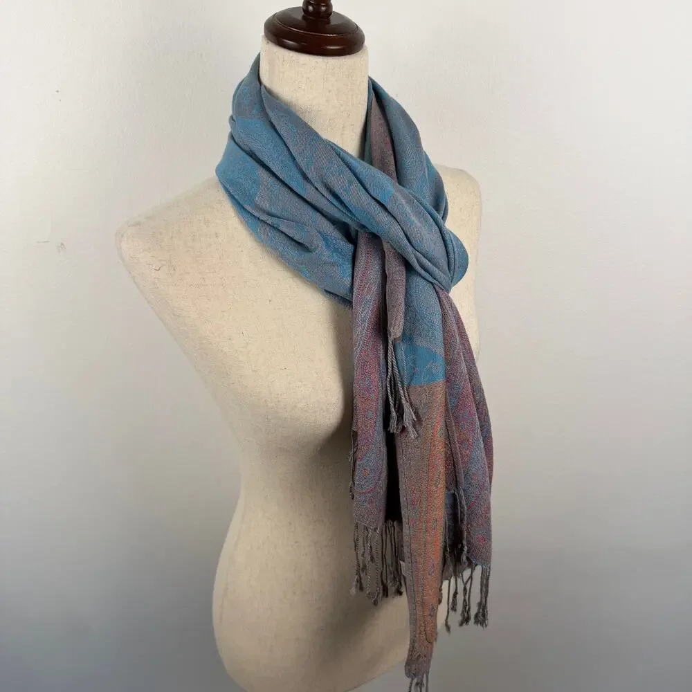 Pashmina Blue Orange Fringe Paisley Lightweight Long Scarf Shawl Floral Soft